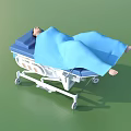 Medical Stretcher Trolley with Patient Lying on Blue Blanket and Movable Wheels
