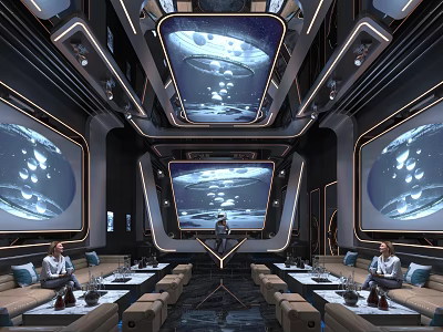 Sci Fi Style KTV Interior With Cosmic Screens And Modern Seating 3d model
