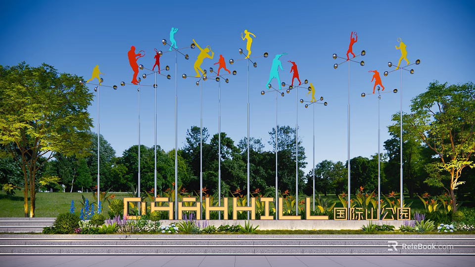Colorful Human Figure Sculptures on Tall Poles with Background Trees in DASHANHILL International Park 3d model 
