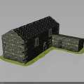 Stone built L shaped Building with Dark Tiled Roof and Green Grass Base Exterior View