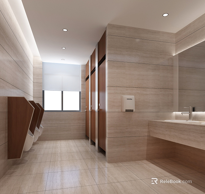 Modern Public Restroom Interior With Stone Walls Stalls Urinals And Washbasin Mirror 3d model 