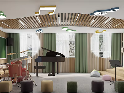 Music Classroom Artistic Interior With Piano Drums And Note Lights 3d model