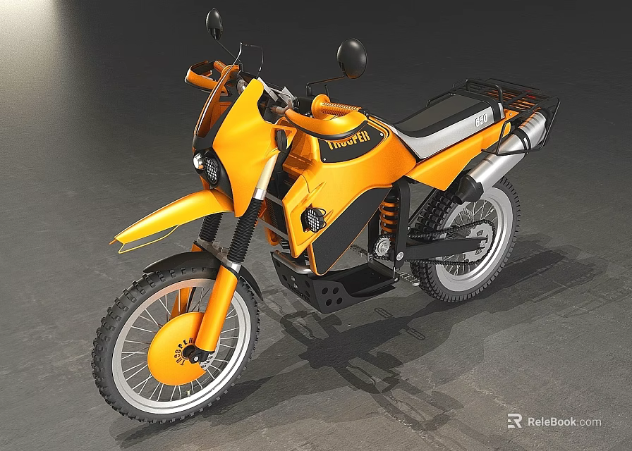 Yellow Thunder Off Road Motorcycle With Luggage Rack And Spoked Wheels 3d model 
