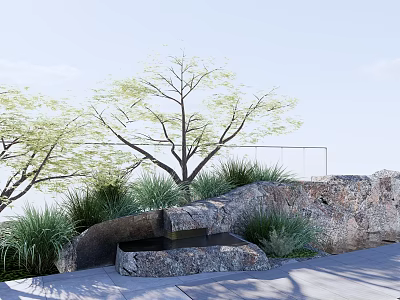 Natural Rockery Stones In Garden Landscape With Green Grass Tree And Water Basin 3d model