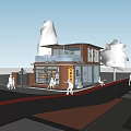 Elegant Red Brick Commercial Complex With Large Glass Windows And Entrance Steps On Street Side