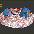 Cartoon Scene With Snowy Ground Blue Tents Little Figures And Items