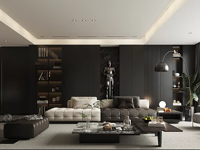Modern Living Dining Room Interior With Dark Walls Built in Bookshelves Sculpture And Sectional Sofa 3d model