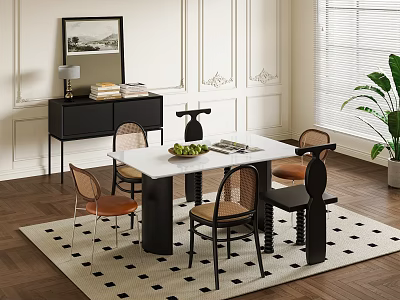 Modern Dining Table Set With White Top Black Legs Brown Chairs And Geometric Rug 3d model