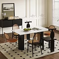Modern Dining Table Set With White Top Black Legs Brown Chairs And Geometric Rug