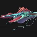 Mythical Aquatic Creature with Blue and Pink Coloration Sharp Teeth Fins and Tentacles