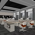 Open Public Office Space With Large Windows Desks Computers Modern Chairs And Gray Carpet 3d model