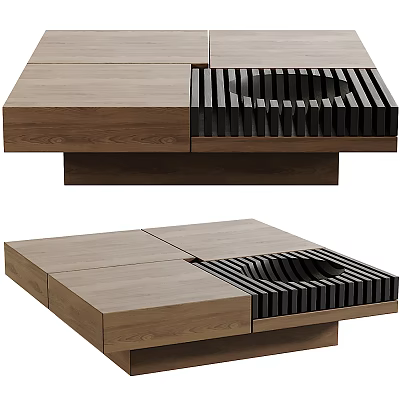 Modern Walnut Coffee Table Interior Design With Segmented Top And Slatted Black Accent Detail 3d model