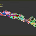 Vibrant Terrain Model With Blue Green Purple Areas And Circular Ring Formation