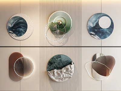 Modern Decorative Round Wall Hangings With Textured Blue Green Brown Tones And Vertical Striped Background 3d model