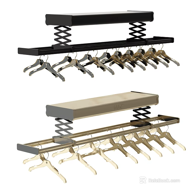 Black And Gold Overhead Retractable Clothes Hangers With Spring Mechanism For Closet 3d model 