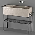 Modern Minimalist Concrete Washbasin Design With Black Metal Stand Round Mirror And Faucet