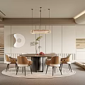 Modern Restaurant Interior Featuring Round Dining Table Beige Chairs Hanging Pendant Light And Open Kitchen 3d model