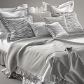 Comfortable Double Bed with Soft Pillows Gray Striped Blanket and Ruffled Bed Skirt