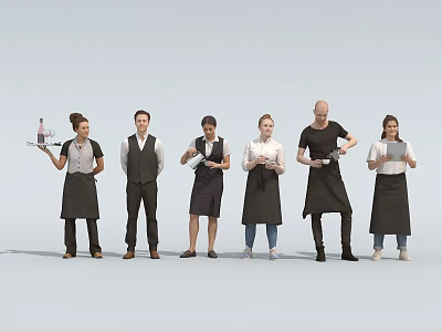 Diverse Restaurant Staff In Aprons Holding Trays And Notebooks Ready For Service 3d model
