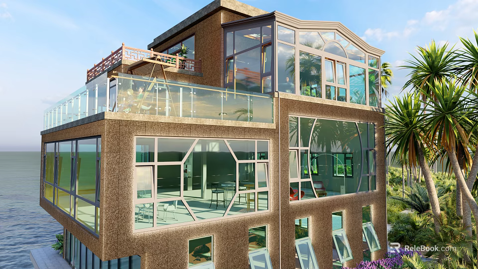 Modern Single Family House With Large Glass Windows Terrace Balcony And Greenery Featuring Palm Trees 3d model 