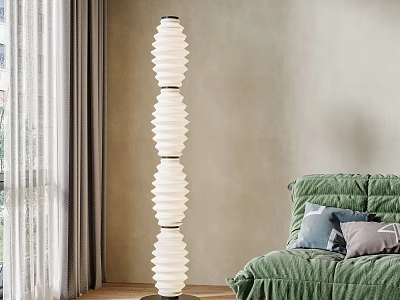 Modern White Cylindrical Floor Lamp in Living Room with Green Sofa and Window Curtains 3d model