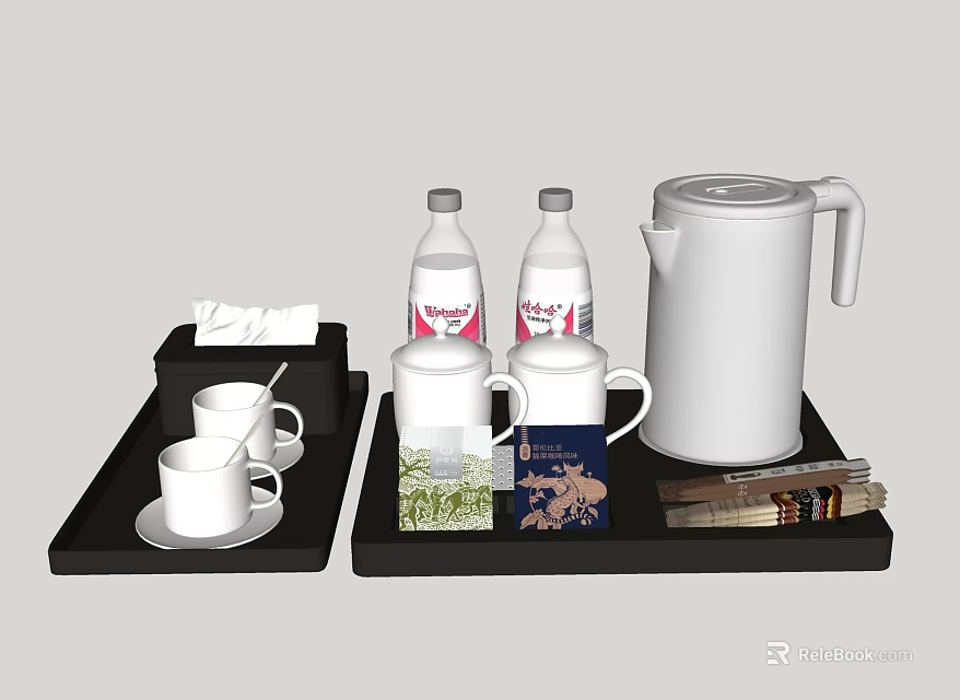 White Tea Set with Teapot Cups on Black Trays and Water Bottles Tissues Magazines 3d model 