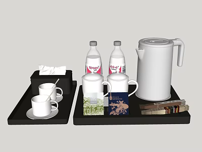 White Tea Set with Teapot Cups on Black Trays and Water Bottles Tissues Magazines 3d model