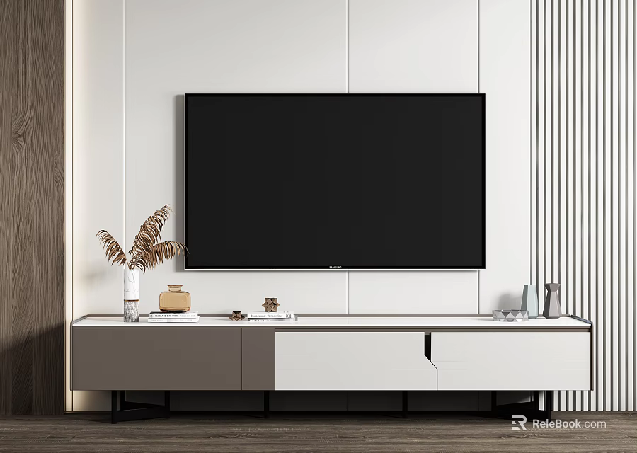 Modern TV Stand With Flat Screen TV Wooden Panel Wall And Decorative Items 3d model 