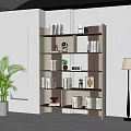 Modern Bookcase in Stylish Room Interior with Books Decorations Green Plant and Floor Lamp