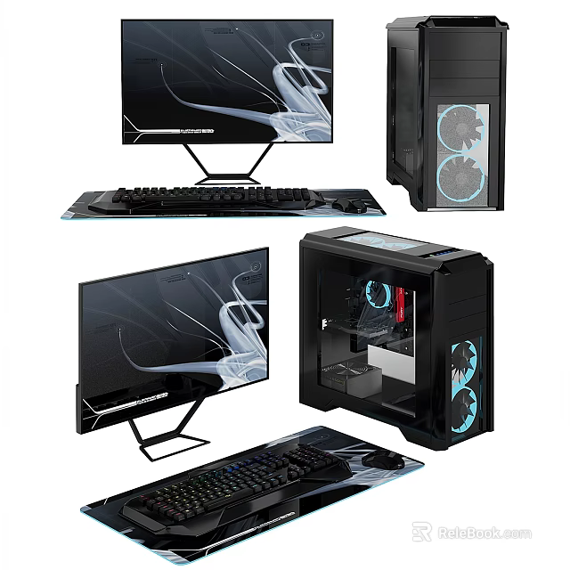Sleek Modern PC Setup With Monitor Keyboard Desktop Tower And Cooling Fans 3d model 