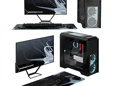 Sleek Modern PC Setup With Monitor Keyboard Desktop Tower And Cooling Fans 3d model