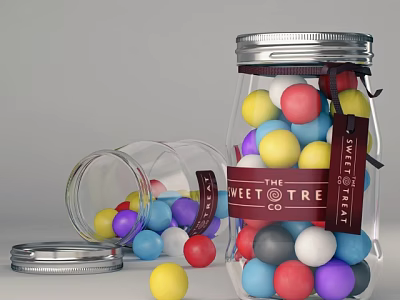 Colorful Candy Balls In Glass Jars With Sweet Tree Co Label And Scattered Pieces 3d model