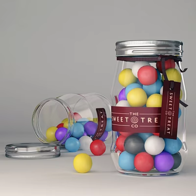 Colorful Candy Balls In Glass Jars With Sweet Tree Co Label And Scattered Pieces 3d model