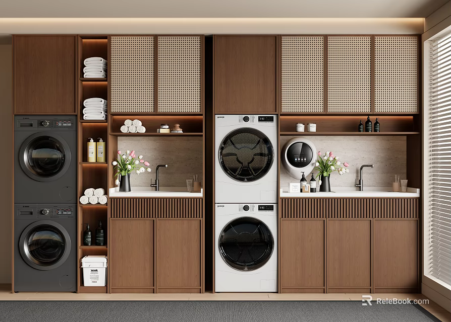 Balcony Cabinets With Wooden Design Lattice Doors Washing Machines Dryers Sink And Toiletries 3d model 