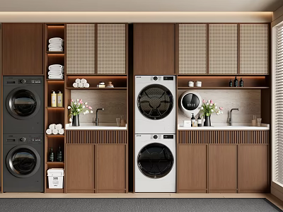Balcony Cabinets With Wooden Design Lattice Doors Washing Machines Dryers Sink And Toiletries 3d model