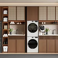 Balcony Cabinets With Wooden Design Lattice Doors Washing Machines Dryers Sink And Toiletries