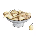 Fresh Ripe Pears in White Speckled Bowl with Single Pear on Table