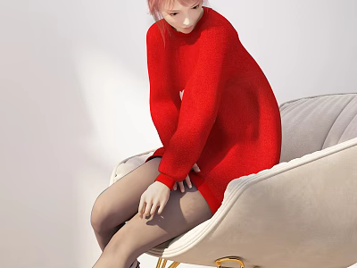 Woman In Red Sweater Sitting On Beige Chair With Elegant Posture And Soft Lighting 3d model