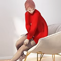 Woman In Red Sweater Sitting On Beige Chair With Elegant Posture And Soft Lighting