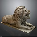 Classic Style Stone Lion Sculpture With Reclining Position And Carved Mane On Solid Base