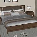 Cozy Bedroom Interior With Wooden Bed Black Leather Headboard Pillows Striped Blanket And Bedside Lamp