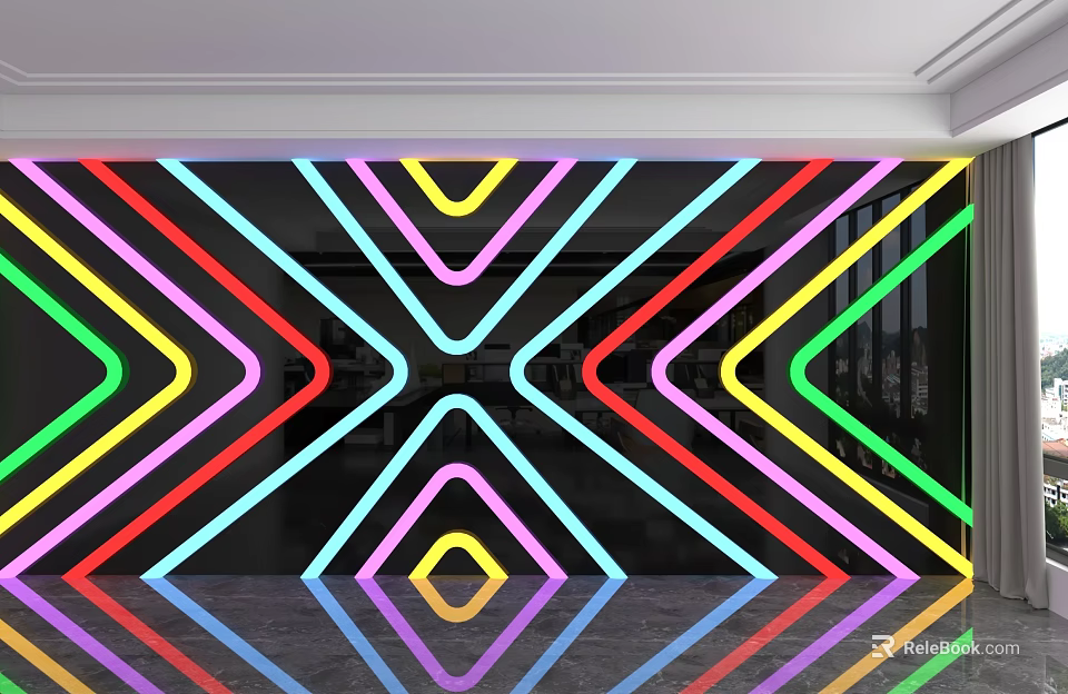 Modern Background Wall With Colorful Neon Lines Geometric Patterns And Reflective Surface 3d model