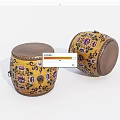 Yellow Patterned Drum Shaped Stools With Leather Seats And Metal Decorations 3d model