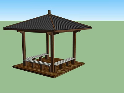 Outdoor Wooden Pavilion With Black Roof Benches And Table In Green Landscape Under Blue Sky 3d model