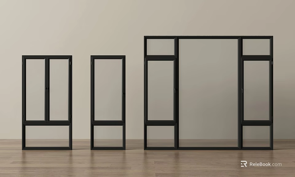 Modern Casement Windows With Black Frames And Different Sizes Glass Panels Design 3d model