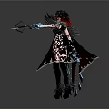 Fantasy Woman in Black Dress Red Cape Feather Accents Holding Glowing Red and Blue Longsword