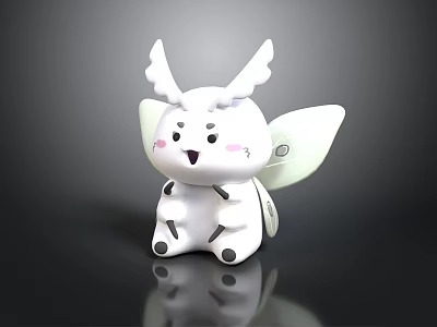 Cute White Cartoon Animal With Wings Antenna And Pink Cheeks Plush Figure On Black Surface 3d model