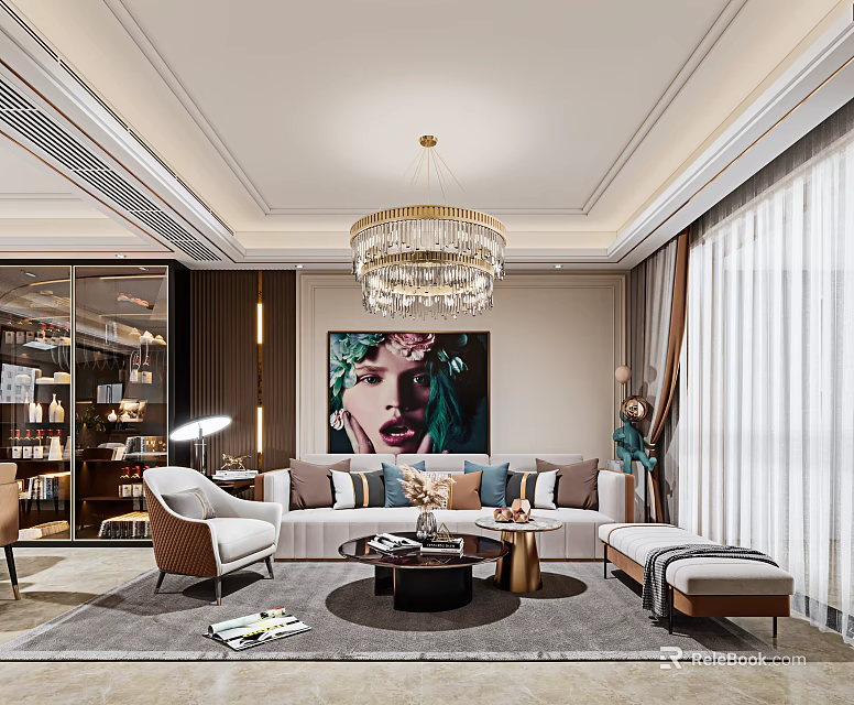 Modern Living and Dining Room Interior With Crystal Chandelier Sofa Coffee Table And Decorative Painting 3d model 