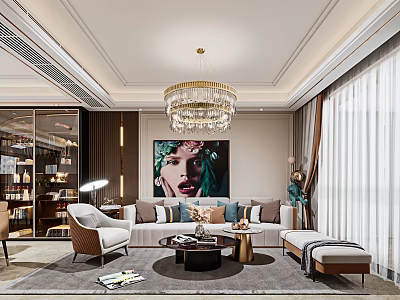 Modern Living and Dining Room Interior With Crystal Chandelier Sofa Coffee Table And Decorative Painting 3d model