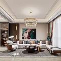 Modern Living and Dining Room Interior With Crystal Chandelier Sofa Coffee Table And Decorative Painting